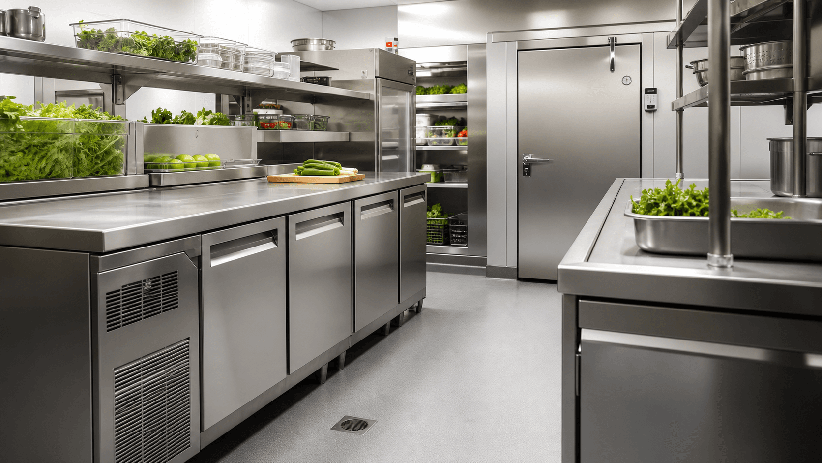 Commercial refrigeration equipment in a professional kitchen